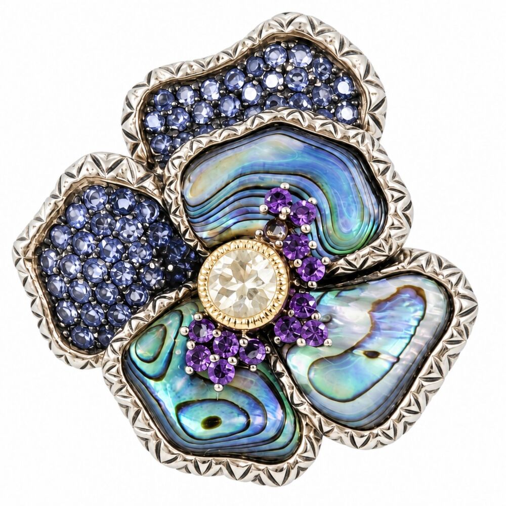 Barbara Bixby Sterling Silver 18K Gold Abalone Floral Pansy Ring Size 7.75 925